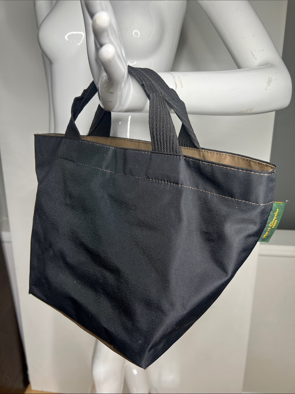 Hervé Chapelier Nylon Boat-Shaped Zip Top Tote Bag Black Brown